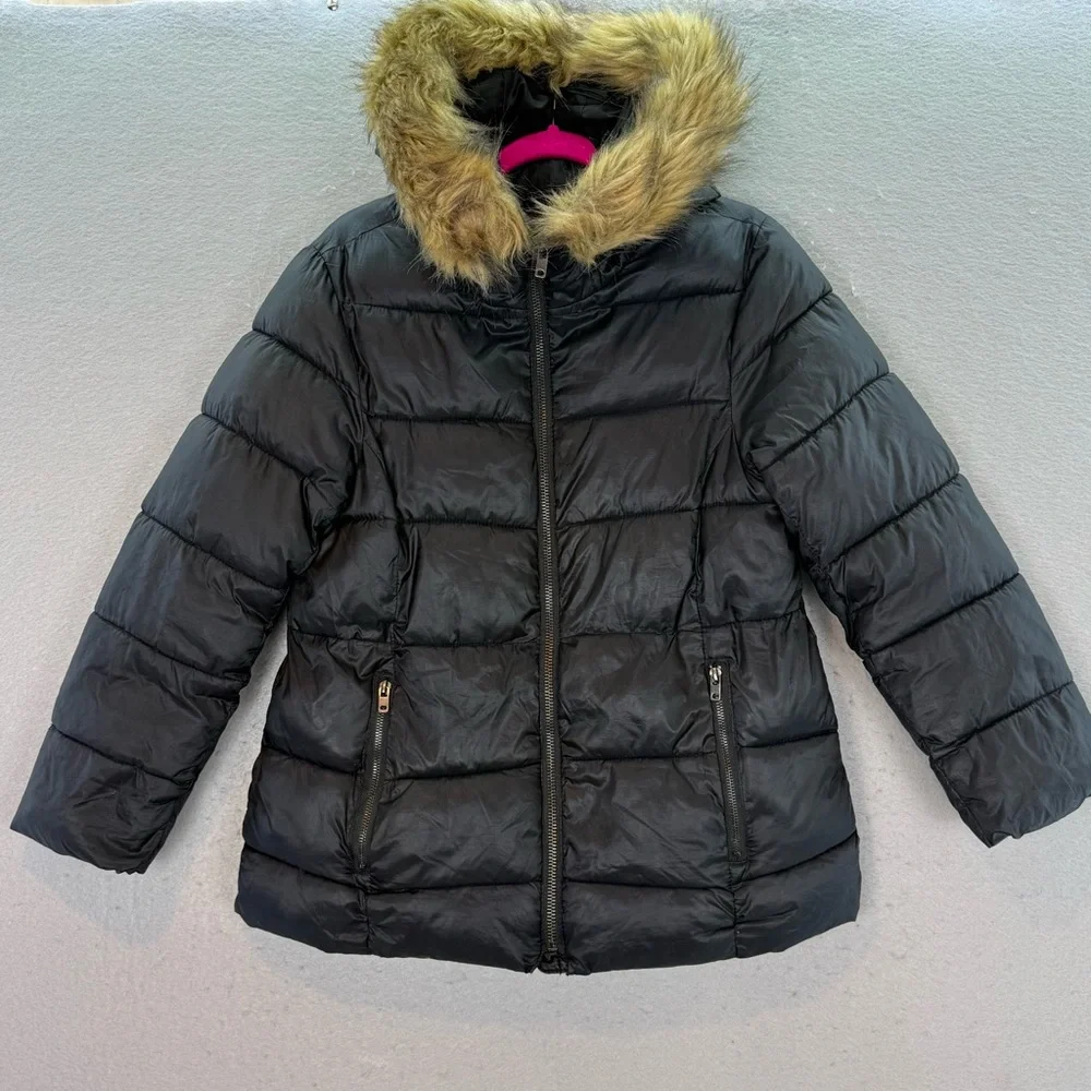ZARA -‎ Girls black quilted hooded faux fur coat zip up black winter jacket SZ 8